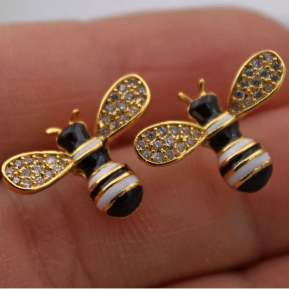 Black and Yellow Bee Stud Earrings with Crystal Wings